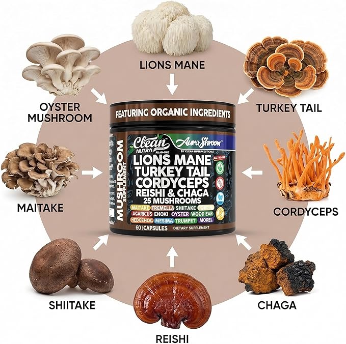AuraShroom Mushroom Supplement Lions Mane Turkey Tail Cordyceps Reishi Shiitake Chaga Oyster Stress Relief Immune Support Nootropic Energy Portobello Mushrooms 60 Capsules By Clean Nutra