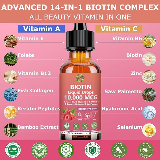 Pure Biotin 10000mcg Liquid Drop Optimal Solutions Hair Skin & Nails Vitamins Support w. Collagen Keratin Hyaluronic Acid Saw Palmetto, Biotin(Vitamin B7) for Hair Growth & Cellular Energy