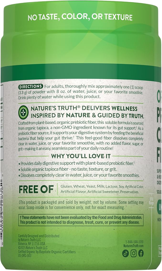 Nature's Truth Prebiotic Fiber Powder Supplement | 3.53 Oz | Unflavored, Sugar Free and Organic | Vegan, Non-GMO & Gluten Free