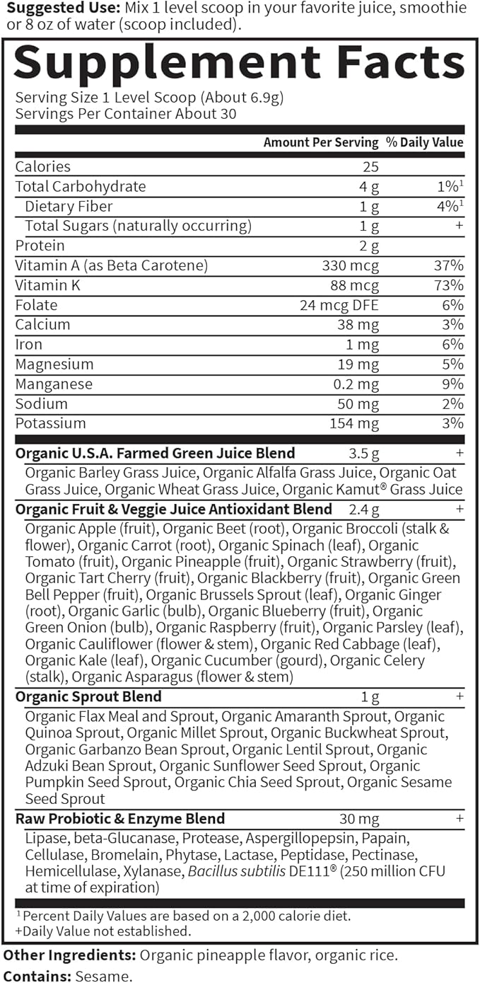 Garden of Life Raw Organic Perfect Food Green Superfood Juiced Greens Powder - Original Stevia-Free, 30 Servings, Non-GMO, Gluten Free Whole Food Dietary Supplement, Alkalize, Detoxify, Energize
