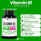 Healthfare Vitamin B1 (Thiamine) 500mg | 200 Vegan Capsules | Extra Strength High Potency Supplement | Supports Energy & Nervous System | Non-GMO, Gluten-Free | Made in USA