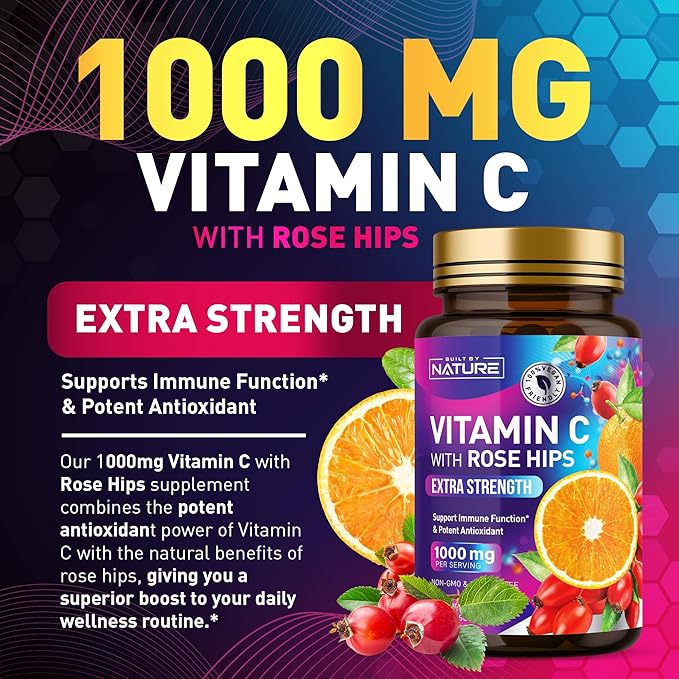 Built by Nature Chewable Vitamin C with Rose HIPS - 1000mg Immune Support Supplement - Non-GMO, Gluten-Free, Vegan - Powerful Antioxidant for Energy & Collagen Boost - Orange Flavor – 120 Tablets