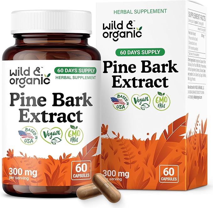 Wild & Organic Pine Bark Extract Capsules 300 mg - Antioxidant Support - 95% Proanthocyanidins - 60 Capsules - French Maritime Pine Bark Extract - 2-Month Supply - Pinus Maritima - Vegan, Non-GMO