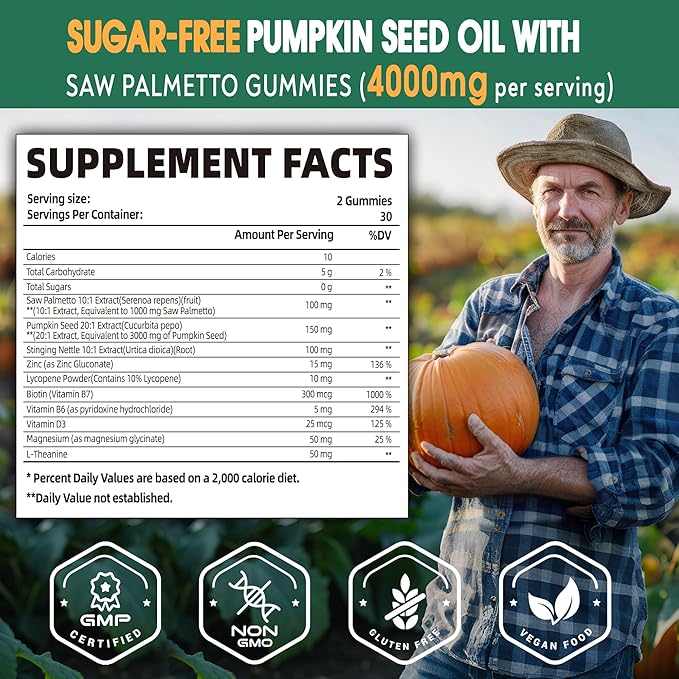 Pumpkin Seed Oil Gummies, Organic Pumpkin Seed Oil with Saw Palmetto Supplement High Pure Extract for Men Women, Supports Immune, Hair & Prostate Health, Sugar Free, Vegan, Lemon, 60 Chewable