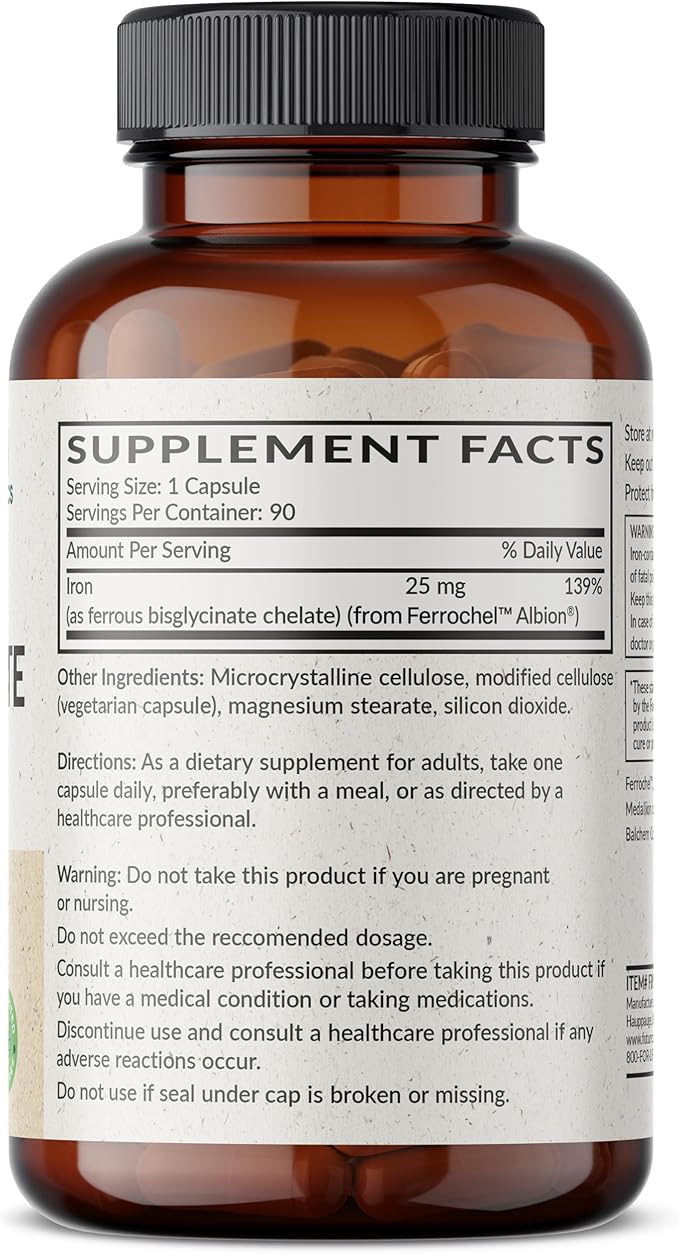 Futurebiotics Iron Bisglycinate 25mg Gentle on The Stomach, Supports Energy & Healthy Red Blood Cell Production - Non-Constipating Formula - Non GMO, 90 Vegetarian Capsules