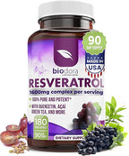 Resveratrol 1600mg - 180 Capsules | Trans-Resveratrol Antioxidant Supplement with Natural Green Tea, Grape Seed Polyphenols & Quercetin, Supports Digestive, Heart Health, Immune System, Brain Function