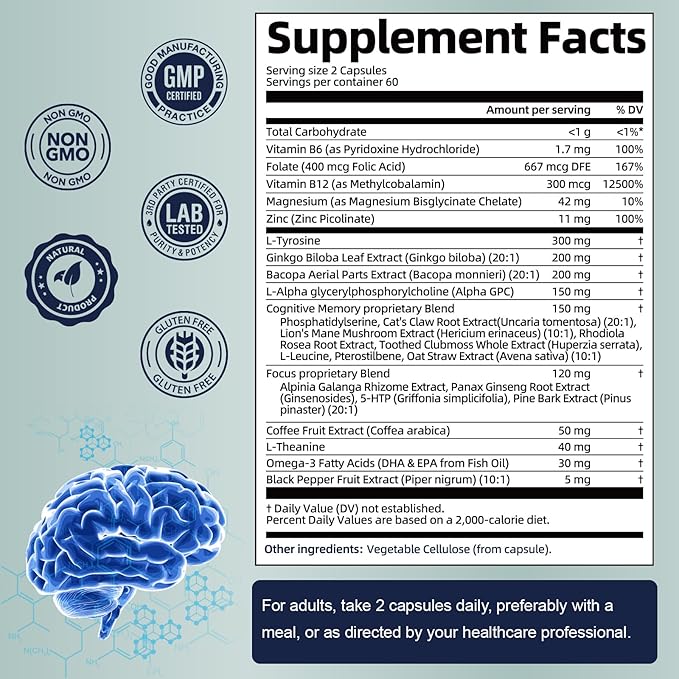 Totaria C-ognitive with Caffeine Pills, L-Tyrosine, Alpha GPC, Ginkgo Biloba, Bacopa Monnieri Brain Supplement for Memory and Focus, Brain Nootropic Support - Non-GMO, Gluten Free (2 Packs)