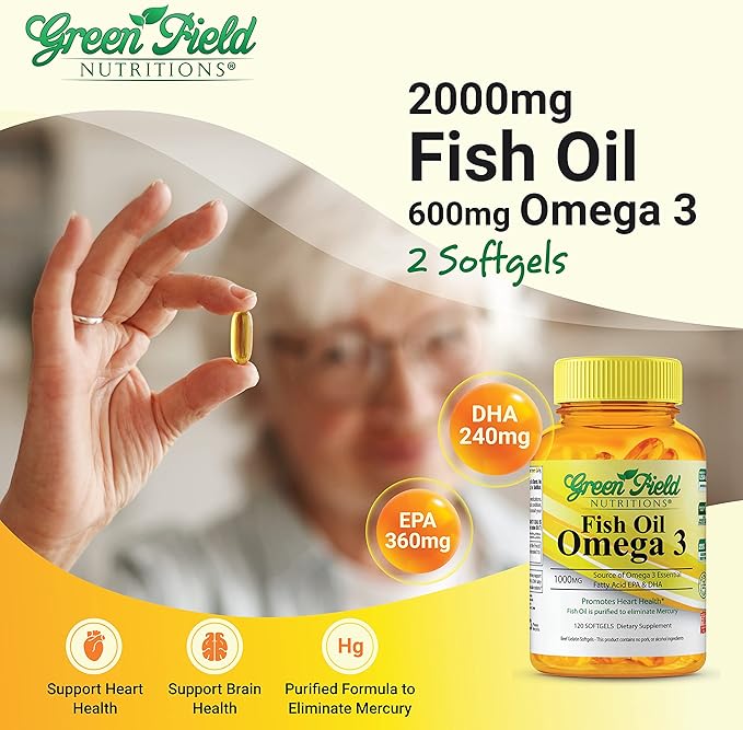 Greenfield Nutritions Halal Fish Oil 1000mg, 300mg Halal Omega 3, Small Wild Peruvian Fish Oil Halal Vitamins, EPA 180 mg & DHA 120mg, Non-GMO, Gluten Free, Support Brain & Heart Health, 120 Pills