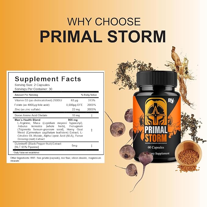 BLUE VIBE Primal Storm Maximum Strength Performance Supplement, PrimalStorm Maximum Strength Daily Overall Health Management Support Supplement, Primal Storm Premium Support (2 Pack - 120 Capsules)