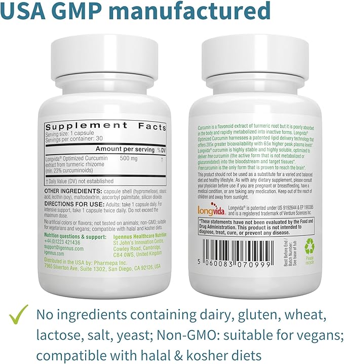 Igennus Longvida Lipidated Curcumin 500mg, Ultra Bioavailable & Sustained Action, 65x Higher Plasma Levels, Intensive Support, Free-Form Curcumin, Vegan, 30 Capsules