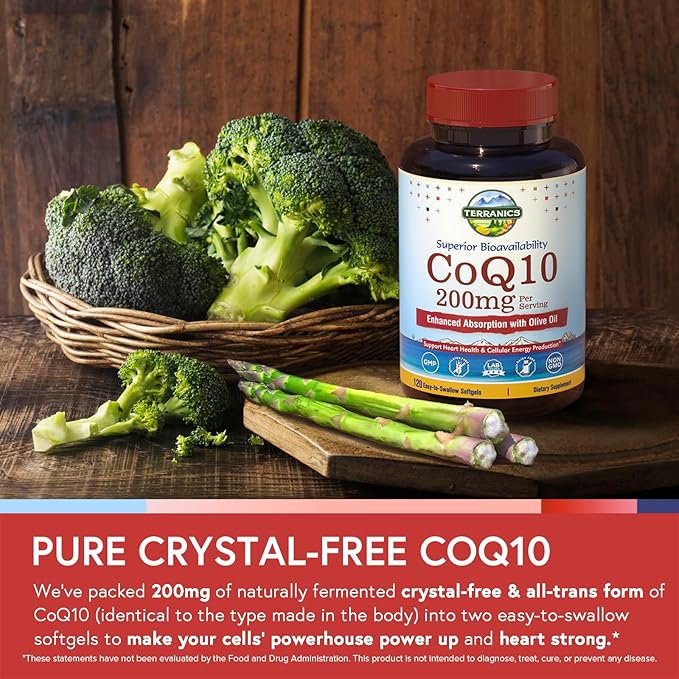 Terranics CoQ10 200mg, Coenzyme Q10 Supplement with Extra Virgin Olive Oil for Enhanced Absorption, Made in USA, Supports Heart Health, Antioxidant Protection, Energy Production, Non-GMO, 120 Softgels