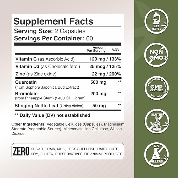 Gade Nutrition Quercetin with Vitamin C, Zinc & Stinging Nettle - Nettle Quercetin - Quercetin 500mg - Quercetin with Bromelain - Zinc Quercetin + Vitamin D3-360 Veggie Caps - 6 Month Supply