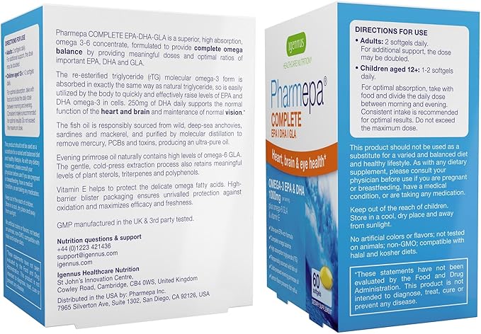 Igennus Pharmepa rtg Omega 3 EPA DHA Fatty Acids 1000mg, IFOS Certified, High Potency Wild Fish Oil with GLA Evening Primrose Oil, Lemon Flavor, 60 Softgels