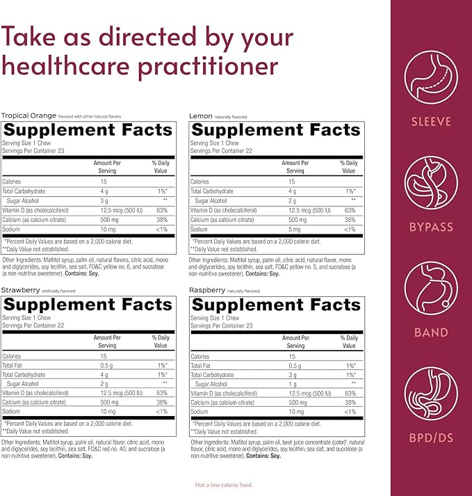 Bariatric Advantage Calcium Citrate Chewy Bites 500 mg - Highly Absorbable & Digestible - Vitamin D3 - Easily Chewable Calcium Supplement - Assorted Fruit - 90 Count