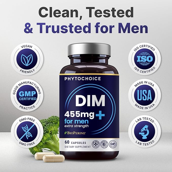 DIM for Men 350mg High Potency with BioPerine® & Broccoli Extract – 455mg Total Complex for Estrogen Balance & Hormone Optimization, Advanced DIM Supplement for Men, Clean Absorption Formula, 60 Caps