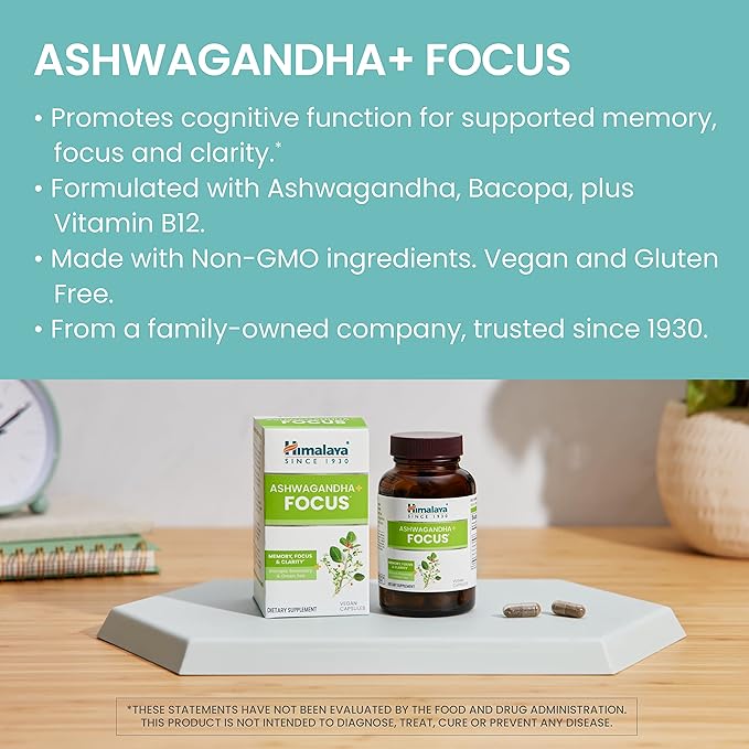 Himalaya Ashwagandha+ Focus - Herbal Focus Supplement with B12, Rosemary, Green Tea, and Bacopa Nootropics for Memory and Clarity - Vegan, Non-GMO, Gluten Free, 1690 mg, 60 Caplets