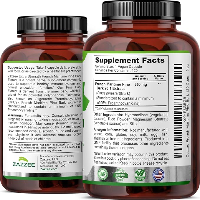 Zazzee Extra Strength French Maritime Pine Bark Extract 20:1, 350 mg Per Capsule, 95% Proanthocyanidins, 120 Vegan Capsules, 4 Month Supply, Certified Kosher, Antioxidant Support, Non-GMO, Made in USA