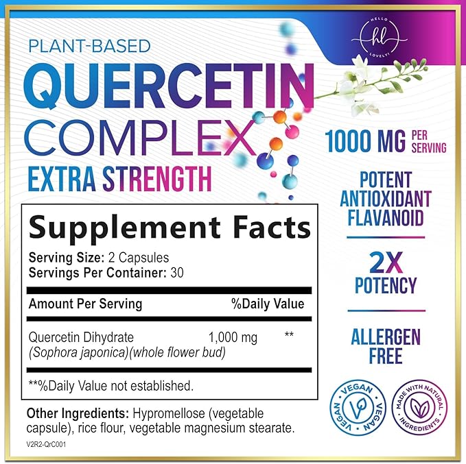 Quercetin Dihydrate 1000mg per Serving - Premium Plant-Based Bioflavonoids - Extra Strength Antioxidant Immune & Respiratory Health Support - High Absorption Quercetin Dihydrate - 60 Veggie Capsules