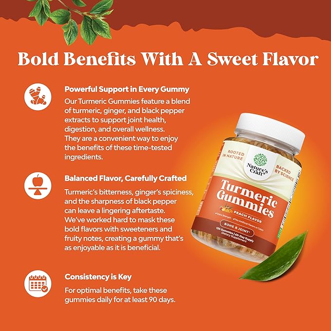 Turmeric Gummies for Adults - Extra Strength Joint Support Gummies with Turmeric Curcumin with Black Pepper Extract and Ginger - Peach Flavor Vitamins for Adults - 120 Count