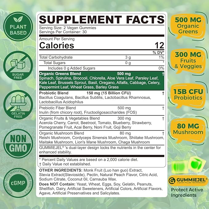 2 PACK Organic Super Greens Daily Superfood Gummies + Probiotics, Spirulina, Chlorella Spinach Broccoli, Prebiotic Fiber, Mushroom -Rich in Vitamins & Antioxidants - Digestive, Focus, Energy, No Sugar