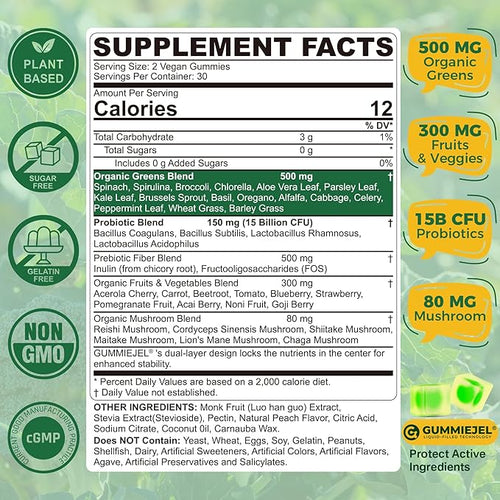 2 PACK Organic Super Greens Daily Superfood Gummies + Probiotics, Spirulina, Chlorella Spinach Broccoli, Prebiotic Fiber, Mushroom -Rich in Vitamins & Antioxidants - Digestive, Focus, Energy, No Sugar