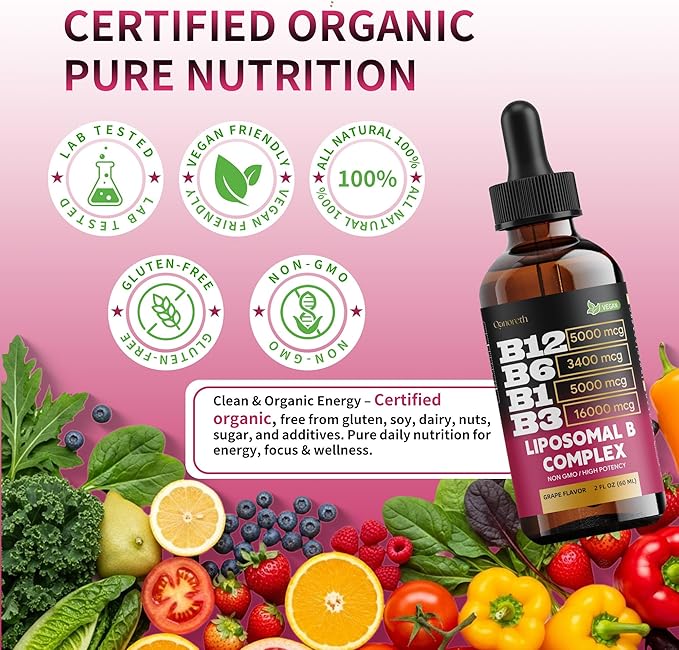 Liposomal Vitamin B12 Sublingual Methylcobalamin – Vitamin B Complex Liquid Drops with B6, B1 & B3 – Fast Absorption B12 Vitamins for Energy, Focus, Brain & Heart Support – Organic, Non-GMO, 2 fl oz