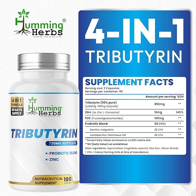 Humming Herbs Tributyrin Complex — 850 mg per Serving (95% Pure, yielding 731 mg Butyrate) with L-Glutamine, Zinc L-Carnosine, FOS & Probiotic Blend (180)
