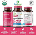 USDA Organic Whole Food Biotin Supplement, Made with Plant-Based Biotin from Sesbania Agati Trees, by SolaGarden Naturals, 60 Non-GMO Vegan Capsules, Supports Hair, Skin, and Nails, Made in USA