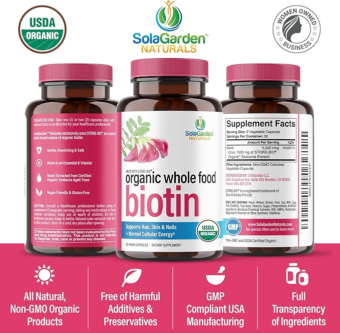 USDA Organic Whole Food Biotin Supplement, Made with Plant-Based Biotin from Sesbania Agati Trees, by SolaGarden Naturals, 60 Non-GMO Vegan Capsules, Supports Hair, Skin, and Nails, Made in USA