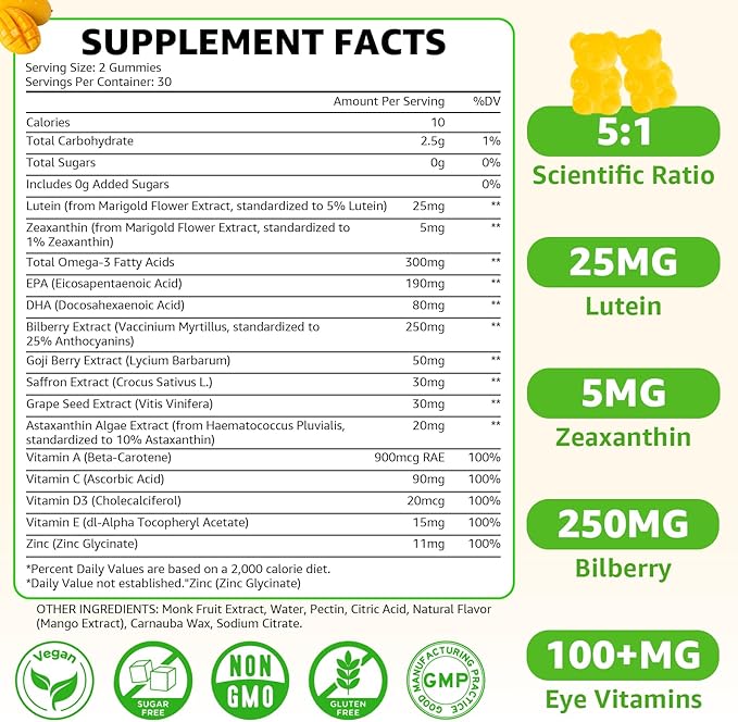 Sugar Free Lutein Gummies 25mg, Lutein and Zeaxanthin Supplements for Eye Health, 13-in-1 Eye Care Formula with Omega-3 Bilberry Saffron-Vision Health, Eye Strain, Dry Eyes, Vegan Mango Flavor 120 Ct