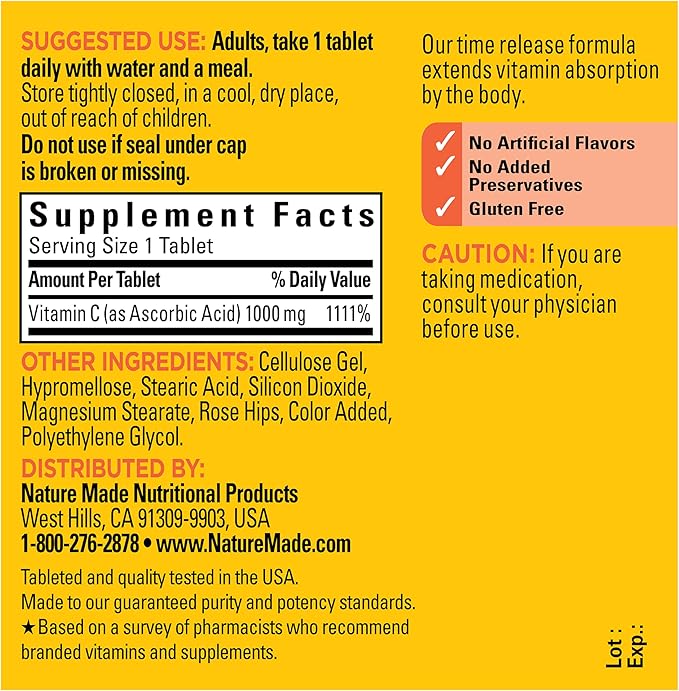 Nature Made Vitamin C 1000mg with Rose Hips, Dietary Vitamin C Supplement for Immune Support, 60 Time Release Tablets, 60 Day Supply