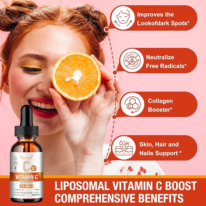 2 Packs Liposomal Vitamin C 2000mg Liquid Drop, High Absorption VC Complex Rose Hips with Echinacea, Citrus Bioflavonoids, Zinc, Vitamin D3 for Immune System & Antioxidant,4 FL Oz