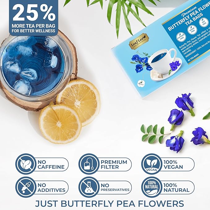 LeafLea 40 Butterfly Pea Flower Tea Bags, Herbal Flower Tea for Relaxation, Mocktails, and Natural Food Coloring, Caffeine-Free, Sugar-Free, Non-GMO