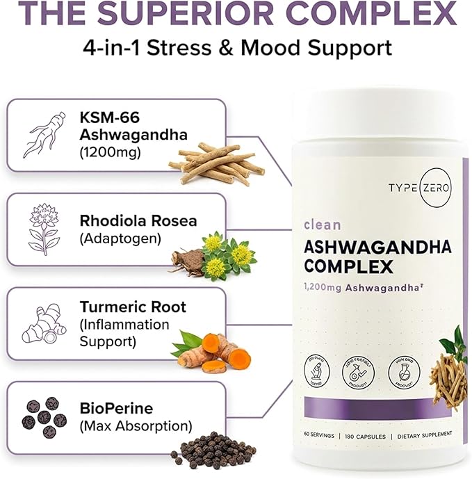 Type Zero KSM-66 Ashwagandha Root Extract 1,200mg, 60 Servings - High Potency 5% Withanolides - with Turmeric, Rhodiola Rosea and BioPerine Black Pepper Extract - 180 Veggie Caps