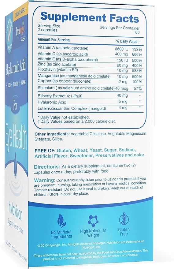 Hyalogic HylaVision Eye Health Supplement - Hyaluronic Acid, Lutein and Zeaxanthin Supplements – Contains Eye Vitamins A, C, E, and Zinc – Soothe Tired Eyes (120 Capsules)