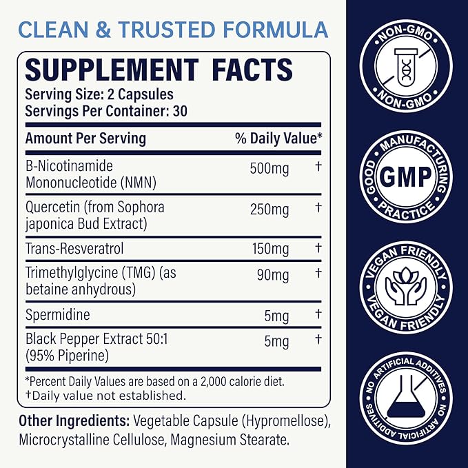 LanranBee Liposomal NMN Supplement Complex 1000mg Per Serving, 60 Veggie Capsules | 6-in-1 NAD+ Support Formula with NMN, Quercetin, Trans-Resveratrol, TMG & Spermidine | Gluten-Free, Non-GMO