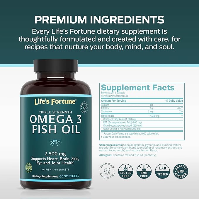 Life's Fortune Fish Oil Omega 3 Concentrate Supplement 2500 mg, 60 Softgels, High Potency, EPA & DHA Fatty Acid - Heart, Brain, Skin, Joints - Non GMO