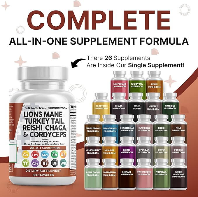 Clean Nutraceuticals Lions Mane 20in1 Mushroom Supplement with Turkey Tail Reishi Cordyceps Chaga Maitake Meshima Poria Cocos Shiitake Oyster Porcini Enoki - 3Pack