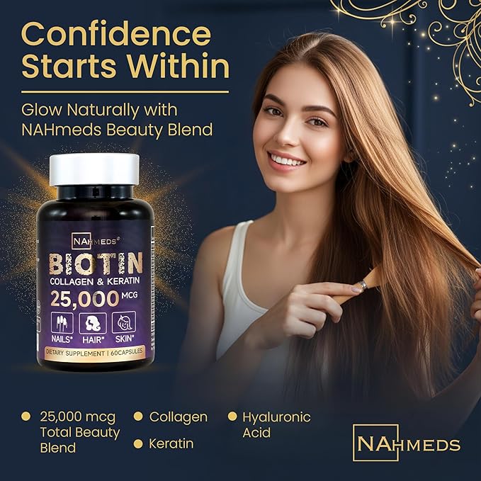 Biotin + Beauty Blend – 25,000 mcg Complex with Collagen, Keratin, MSM – Hair, Skin & Nail Support – Gluten-Free – GMP, ISO 22000, HACCP Certified – COA Available – 60 Capsules