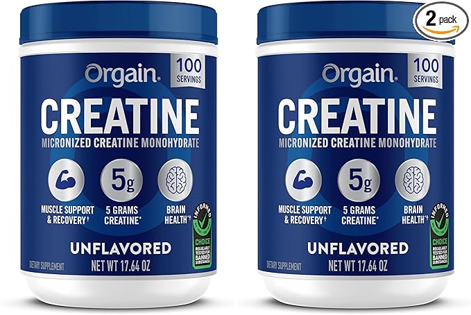Orgain Creatine Monohydrate Micronized Powder,100 Servings,Unflavored,Supports Muscle Growth,Post Workout Recovery and Brain Health,No Artificial Additives,for Men & Women,Vegan,(Pack of 2)