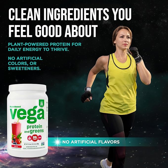 Vega Premium Protein + Supergreens, Berry – 20g Vegan Protein, Dairy & Gluten Free, 20.8 oz (21 Servings)