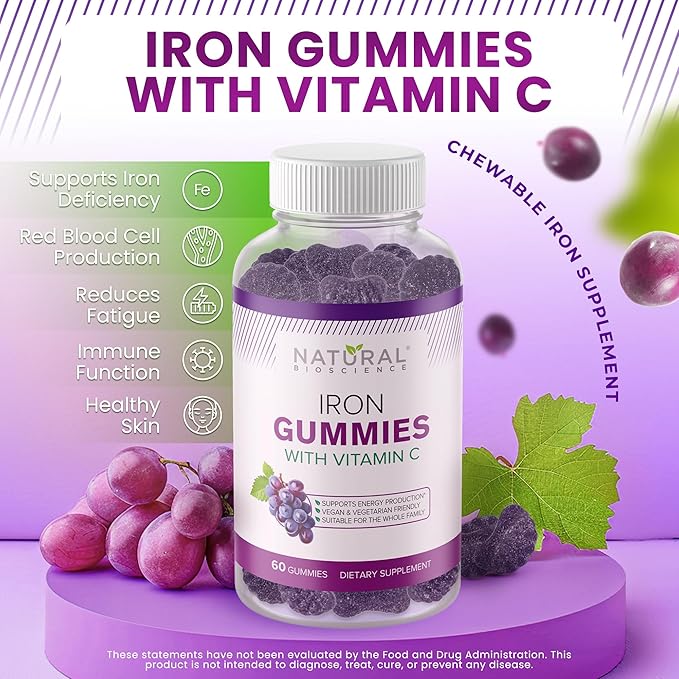 Iron Gummies with Vitamin C - Iron Deficiency Anemia Supplement for Adults & Kids, Chewable, Red Blood Cell Support, Energy, Immune Function, Brain Health, Max Absorption, 120 Vegan Gummies