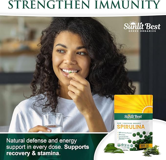 Sunlit Best Spirulina Tablets - Organic Spirulina Tablets USDA Premium 1000 Count - Natural Spirulinas Organic Burst for Immune Support Antioxidants, Energy Boost w/Chlorophyll - High Protein, Non GMO