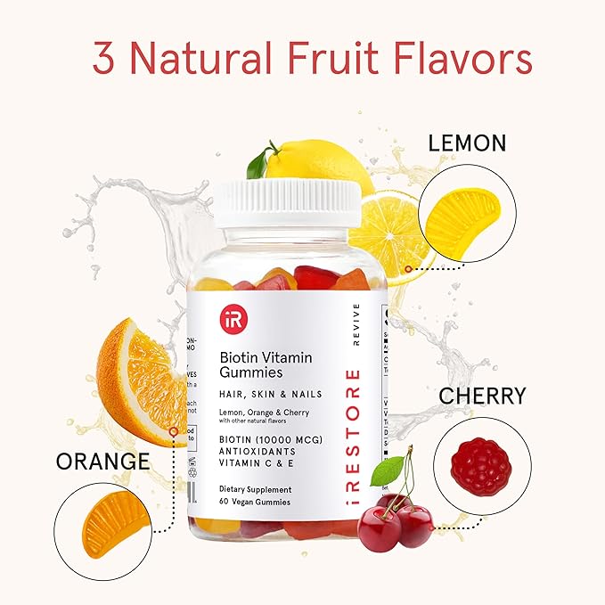 iRestore Biotin Gummies 10,000 mcg - 3 Natural Fruit Flavors, Hair Vitamins Multi Supplement for Hair Skin and Nails for Women & Men, 60 Vegan Gummies, 30 Day Supply