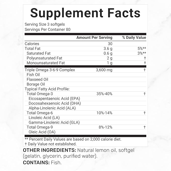 Triple Omega 3-6-9 Fish Oil Supplements 3,600mg – 240 Softgels with Flaxseed Oil & Borage Oils Complex – High EPA + DHA – Burpless Pills, Lemon Flavored, Wild Caught – Heart, Joint, & Brain Support