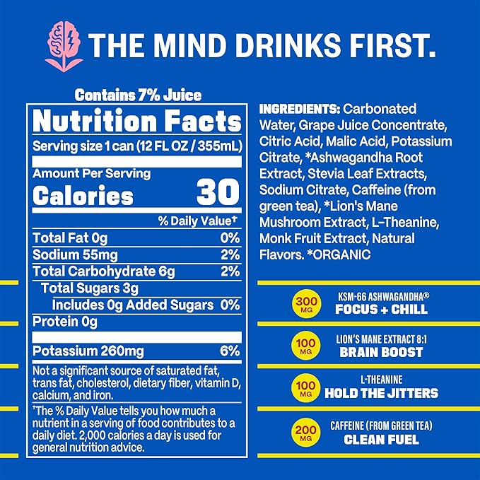 GYM WEED Athletic Focus Drink with KSM-66 Ashwagandha, Lion's Mane Mushroom, L-Theanine, 200mg Green Tea Caffeine with Natural Sweeteners Tropical Punch Flavor, 12 Pack