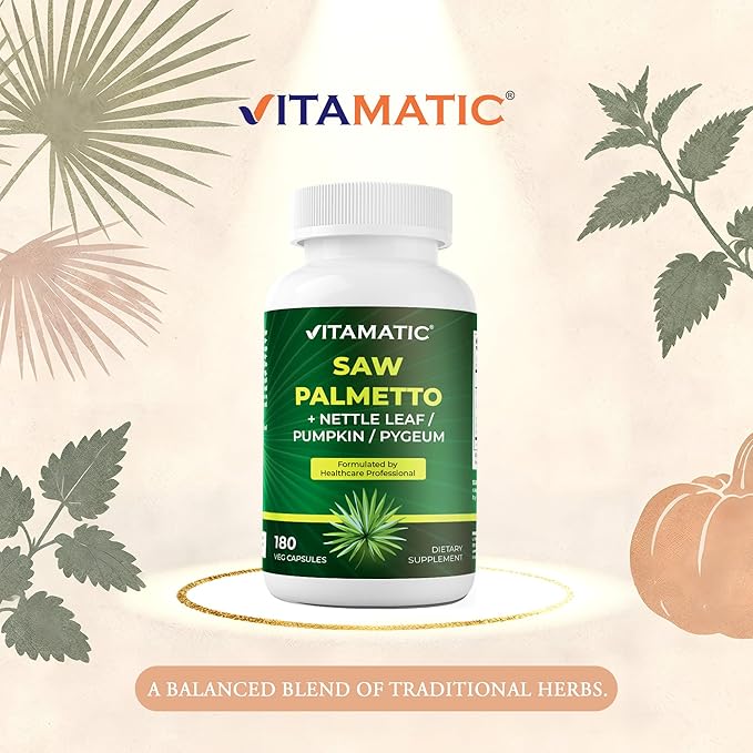 Vitamatic Saw Palmetto Extract for Men & Women 180 Veg Capsules - Made with Pumpkin Seed, Pygeum, Nettle Leaf - Made in the USA - Promotes Healthy Prostate Function