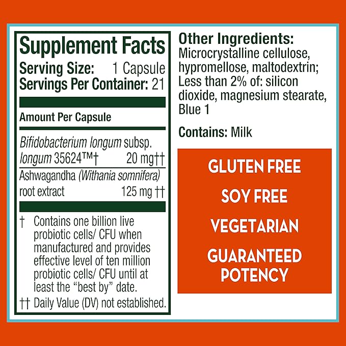 Align Probiotic, Gut Health + Stress Support, with Probiotics for Digestive Health and Ashwagandha to Help Calm Mind and Body*, #1 Doctor Recommended Brand‡, 21 Capsules (Pack of 2)