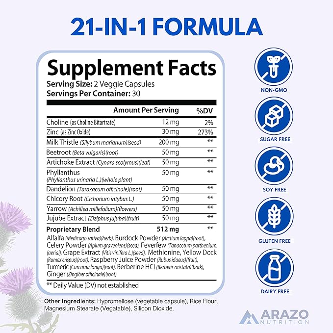 Arazo Nutrition Liver Cleanse Detox & Repair Formula – Milk Thistle Herbal Support Supplement: Silymarin, Beet, Artichoke, Dandelion, Chicory Root (Pack of 2)