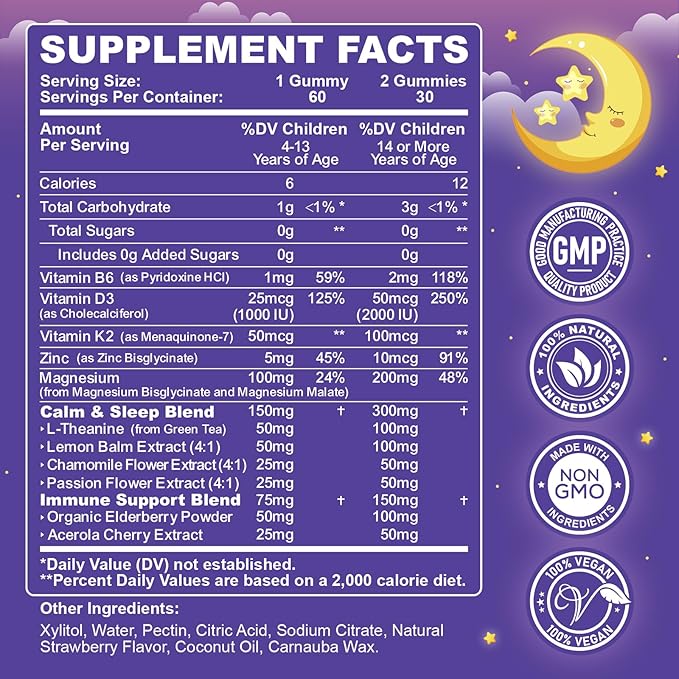 Magnesium Calming Gummies for Kids 4+ & Adults, Sugar Free Magnesium Supplement with L-Theanine, Chamomile, Vitamins B6, D3, K2, Zinc for Sleep, Relaxation, Focus & Muscle Support, Strawberry Flavor